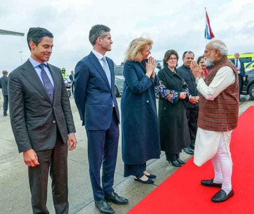 PM Modi embarks for Gothenburg, Sweden after concluding his visit to Netherlands Netherlands, May 17 (ANI): Prime Minister Narendra Modi greets as he embarks for Sweden after concluding his visit to Netherlands, on Sunday. Prime Minister of the Netherlands, Rob Jetten also present. (DPR PMO ANI Photo) Netherlands Copyright: xANIx ANI_20260517259