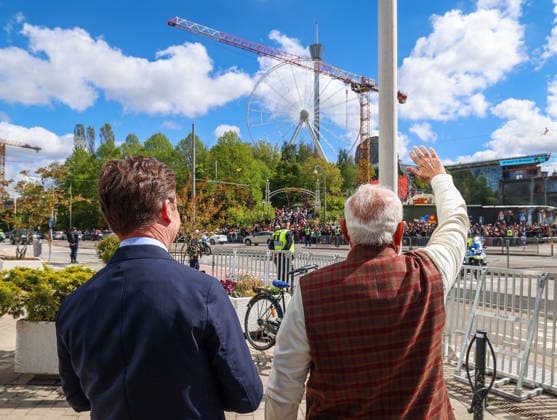 RECORD DATE NOT STATED PM Modi arrives to a warm welcome in Sweden Gothenburg Sweden , May 17 (ANI): Prime Minister Narendra Modi waves at people as Sweden Prime Ulf Minister Kristersson receives him, in Gothenburg on Sunday. (Narendra Modi Photo gallery ANI Photo) Gothenburg Sweden Copyright: xANIx ANI_20260517455