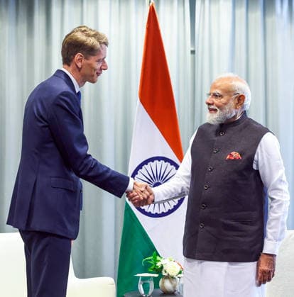RECORD DATE NOT STATED PM Modi meets Chairman of Maersk, Robert Maersk Uggla, in Gothenburg Gothenburg Sweden , May 17 (ANI): Prime Minister Narendra Modi meets Chairman of Maersk, Robert Maersk Uggla, in Gothenburg on Sunday. (@MEAIndia X ANI Photo) Gothenburg Sweden Copyright: xANIx ANI_20260517488