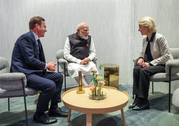 PM Modi holds a meeting with Swedish PM Ulf Kristersson and EU President Gothenburg Sweden , May 17 (ANI): Prime Minister Narendra Modi holds a meeting with Swedish Prime Minister Ulf Kristersson andd President of the European Commission Ursula von der Leyen, in Gothenburg on Sunday. (DPE PMO ANI Photo) Gothenburg Sweden Copyright: xANIx ANI_20260517548