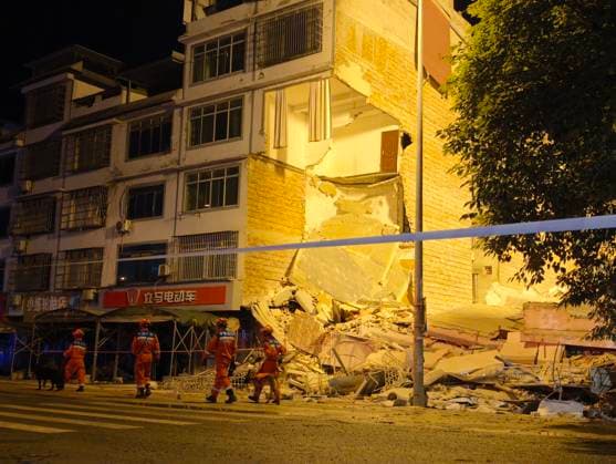 LIUZHOU, CHINA - MAY 18: Firefighters work at the site after a 5.2-magnitude earthquake on May 18, 2026 in Liunan District, Liuzhou City, Guangxi Zhuang Autonomous Region of China. A 5.2-magnitude earthquake struck Liuzhou, a city in south China s Guangxi Zhuang Autonomous Region, early Monday, leaving three people missing and four others hospitalized, local authorities said.  Copyright: xChinaxNewsxServicex 111642268103