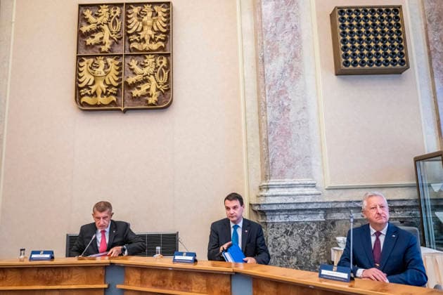 From left, Czech Prime Minister Andrej Babis (ANO), Foreign Affairs Minister Petr Macinka (Motorists) and Defence Minister Jaromir Zuna (for SPD) are seen before a government meeting, in Prague, Czech Republic, on May 18, 2026. (CTKxPhoto VitxSimanek) CTKPhotoP2026051803059  CTKPhotoP2026051803059