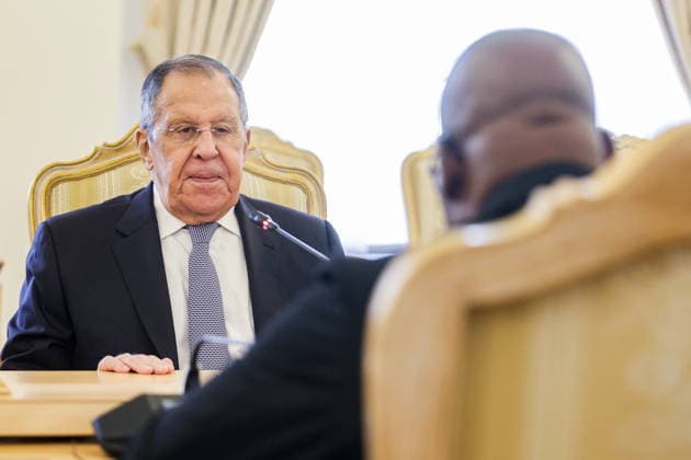 RUSSIA, MOSCOW - MAY 18, 2026: Russia s Foreign Minister Sergei Lavrov (L) and Simeon Oyono Esono Angue, Minister of Foreign Affairs, International Cooperation, and Diaspora of Equatorial Guinea, hold a meeting at the Reception House of the Russian Foreign Ministry. Mikhail Sinitsyn TASS  92676536