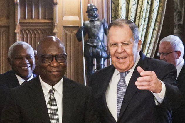 RUSSIA, MOSCOW - MAY 18, 2026: Russia s Foreign Minister Sergei Lavrov (R) and Simeon Oyono Esono Angue, Minister of Foreign Affairs, International Cooperation, and Diaspora of Equatorial Guinea, hold a meeting at the Reception House of the Russian Foreign Ministry. Mikhail Sinitsyn TASS  92676988