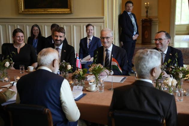 Indias statsminister Narendra Modi besoker Norge Oslo, Norge 20260518. Statsminister Jonas Gahr Store moter Indias statsminister Narendra Modi i regjeringens representasjonsanlegg i Oslo mandag. Foto: Fredrik Varfjell NTB POOL Oslo Norge bXExjU9ayhk EDITORIAL USE ONLY Ref:_POLbXExjU9ayhk.jpg Copyright: xFredrikxVarfjellx xNTBx