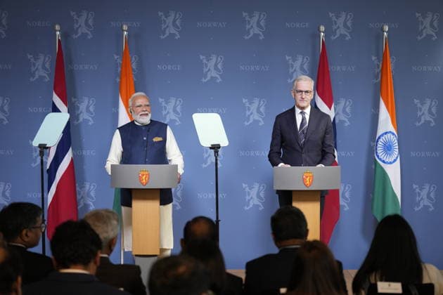 Indias statsminister Narendra Modi besoker Norge Oslo, Norge 20260518. Indias statsminister Narendra Modi og statsminister Jonas Gahr Store holder pressekonferanse etter sitt mote i regjeringens representasjonsanlegg i Oslo mandag. Foto: Fredrik Varfjell NTB POOL Oslo Norge cX0ZDlz01Z4 EDITORIAL USE ONLY Ref:_POLcX0ZDlz01Z4.jpg Copyright: xFredrikxVarfjellx xNTBx