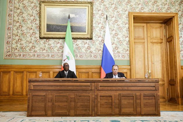 RUSSIA, MOSCOW - MAY 18, 2026: Russia s Foreign Minister Sergei Lavrov (R) and Simeon Oyono Esono Angue, Minister of Foreign Affairs, International Cooperation, and Diaspora of Equatorial Guinea, give a joint press conference following their meeting at the Reception House of the Russian Foreign Ministry. Mikhail Sinitsyn TASS  92679805