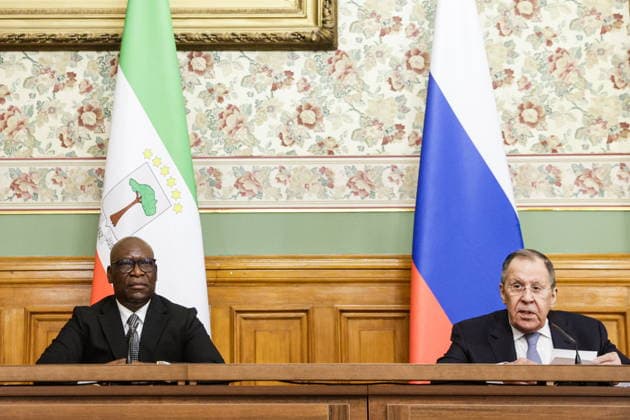 RUSSIA, MOSCOW - MAY 18, 2026: Russia s Foreign Minister Sergei Lavrov (R) and Simeon Oyono Esono Angue, Minister of Foreign Affairs, International Cooperation, and Diaspora of Equatorial Guinea, give a joint press conference following their meeting at the Reception House of the Russian Foreign Ministry. Mikhail Sinitsyn TASS  92679807