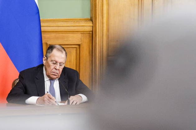 RUSSIA, MOSCOW - MAY 18, 2026: Russia s Foreign Minister Sergei Lavrov during a press conference following a meeting with Simeon Oyono Esono Angue, Minister of Foreign Affairs, International Cooperation, and Diaspora of Equatorial Guinea, at the Reception House of the Russian Foreign Ministry. Mikhail Sinitsyn TASS  92680593