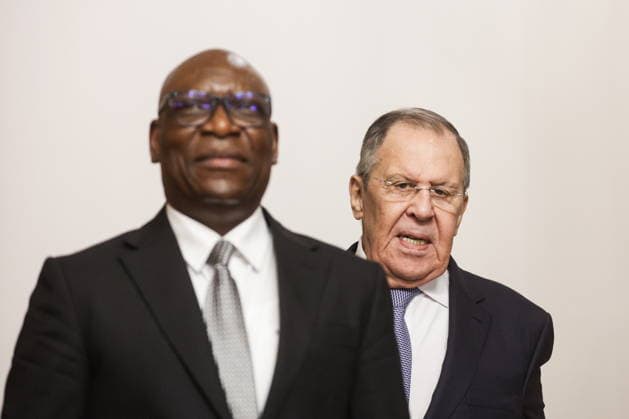 RUSSIA, MOSCOW - MAY 18, 2026: Russia s Foreign Minister Sergei Lavrov (R) and Simeon Oyono Esono Angue, Minister of Foreign Affairs, International Cooperation, and Diaspora of Equatorial Guinea, hold a meeting at the Reception House of the Russian Foreign Ministry. Mikhail Sinitsyn TASS  92679873