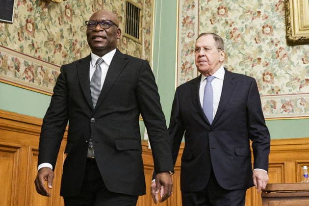 RUSSIA, MOSCOW - MAY 18, 2026: Russia s Foreign Minister Sergei Lavrov (R) and Simeon Oyono Esono Angue, Minister of Foreign Affairs, International Cooperation, and Diaspora of Equatorial Guinea, leave after a joint press conference following their meeting at the Reception House of the Russian Foreign Ministry. Mikhail Sinitsyn TASS  92681306