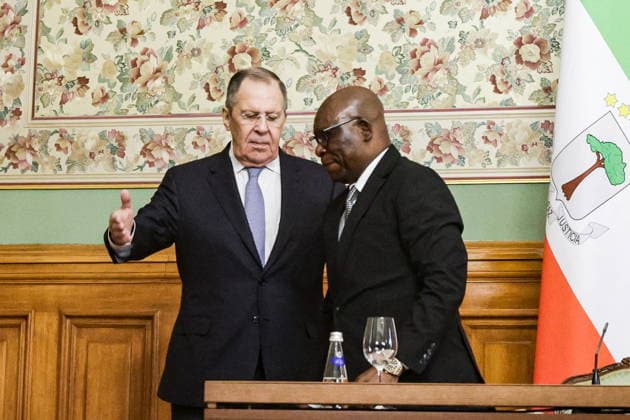 RUSSIA, MOSCOW - MAY 18, 2026: Russia s Foreign Minister Sergei Lavrov (L) and Simeon Oyono Esono Angue, Minister of Foreign Affairs, International Cooperation, and Diaspora of Equatorial Guinea, leave after a joint press conference following their meeting at the Reception House of the Russian Foreign Ministry Moscow Russia  - ZUMAt113 20260518_zaa_t113_068 Copyright: xMikhailxSinitsynx