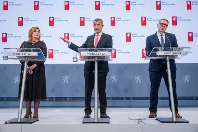 From left, Czech Finance Minister Alena Schillerova (ANO), Prime Minister Andrej Babis (ANO) and Labour and Social Affairs Minister Ales Juchelka (ANO) at a press conference after a government meeting, in Prague, Czech Republic, on May 18, 2026. (CTKxPhoto VitxSimanek) CTKPhotoP2026051804809  CTKPhotoP2026051804809