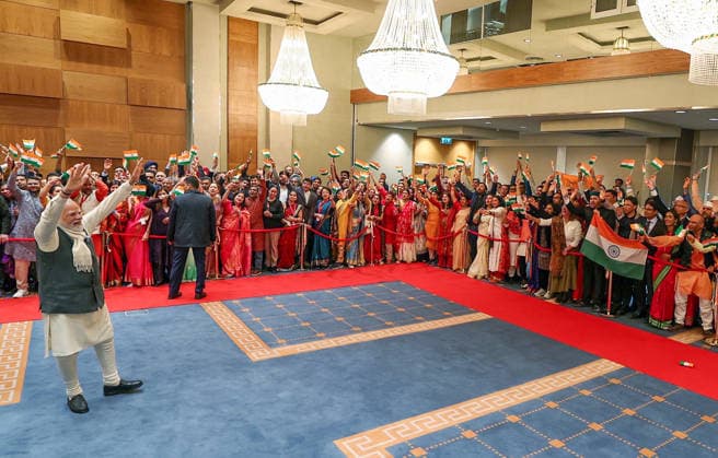 RECORD DATE NOT STATED PM Modi arrives in Norway Oslo Norway , May 18 (ANI): Prime Minister Narendra Modi receives a warm welcome from the members of Indian diaspora, in Oslo on Monday. (DPR PMO ANI Photo) Oslo Norway Copyright: xANIx ANI_20260518242