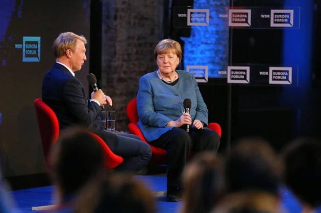 Berlin, Deutschland, 18.05.2026: Station: Digitalmesse Re:publica 2026: ARD-Hauptstadtkorrespondent Markus Preiß in einem Interview mit Altkanzlerin Angela Merkel in der Sendung WDR-Europaforum Copyright: xdtsxNachrichtenagenturx dts_119176