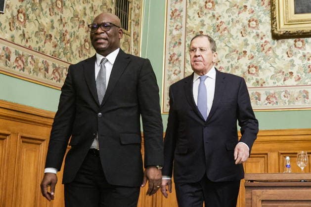 RUSSIA, MOSCOW - MAY 18, 2026: Russia s Foreign Minister Sergei Lavrov (R) and Simeon Oyono Esono Angue, Minister of Foreign Affairs, International Cooperation, and Diaspora of Equatorial Guinea, leave after a joint press conference following their meeting at the Reception House of the Russian Foreign Ministry. Mikhail Sinitsyn TASS  92681294