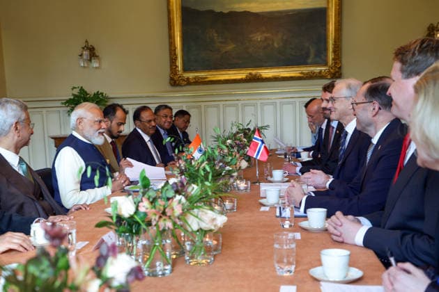 Delegation-level talks between India and Norway Oslo Norway , May 18 (ANI): Prime Minister Narendra Modi attends delegation-level talks with Prime Minister of Norway, Jonas Gahr Store, in Oslo on Monday. (DPR PMO ANI Photo) Oslo Norway Copyright: xANIx ANI_20260518309