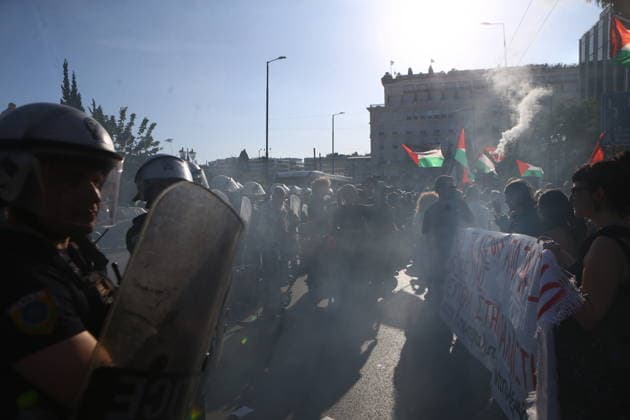 May 18, 2026, Athens, Greece: Supporters of Global Sumud Flotilla protest outside the Greek Ministry of Foreign Affairs against Israeli attack on flotilla close to Cyprus. Athens Greece  - ZUMAv62_ 20260518_zaf_v62_027 Copyright: xAristidisxVafeiadakisx
