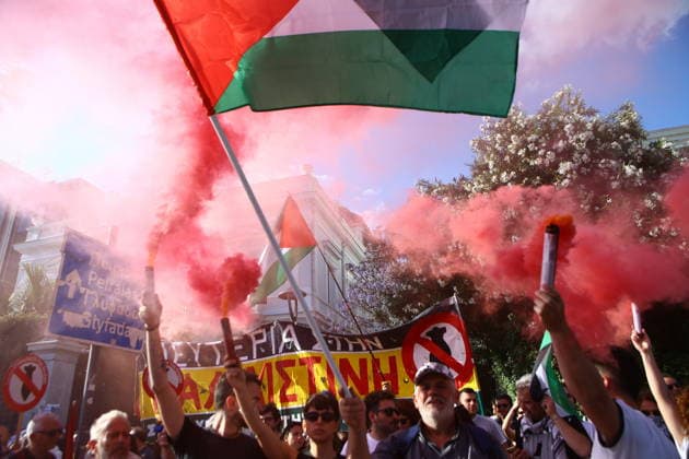 May 18, 2026, Athens, Greece: Supporters of Global Sumud Flotilla protest outside the Greek Ministry of Foreign Affairs against Israeli attack on flotilla close to Cyprus. Athens Greece - ZUMAv62_ 20260518_zaf_v62_022 Copyright: xAristidisxVafeiadakisx