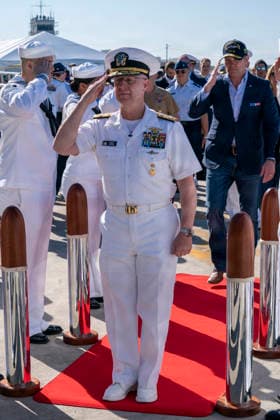 May 18, 2026, Norfolk, Va, United States of America: U.S. Defense Secretary Pete Hegseth, right, and Adm. Daryl Caudle, Chief of Naval Operations, left, salute the side boys as they board the Ford-class super carrier, USS Gerald R. Ford during the homecoming celebration at Naval Station Norfolk, May 16, 2026, in Norfolk, Virginia. The ship returned following a historic 11-month deployment sailing over 57,713 nautical miles. Norfolk United States of America - ZUMAp138 20260518_zaa_p138_041 Copyright: xMc1xClayxM.xWhaley UsxNavyx
