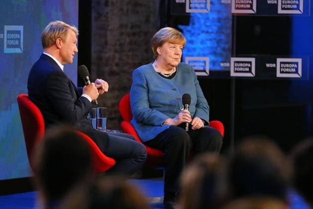 Berlin, Deutschland, 18.05.2026: Station: Digitalmesse Re:publica 2026: ARD-Hauptstadtkorrespondent Markus Preiß in einem Interview mit Altkanzlerin Angela Merkel in der Sendung WDR-Europaforum Copyright: xdtsxNachrichtenagenturx dts_119435