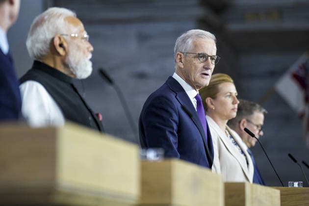 Nordisk-indisk toppmote Oslo 20260519. Indias statsminister Narendra Modi og statsminister Jonas Gahr Store pa pressekonferansen etter motet mellom India og de nordiske landene i Radhuset i Oslo. Foto: Stian Lysberg Solum NTB POOL Oslo Norge V9yZCotYmA0 EDITORIAL USE ONLY Ref:_POLV9yZCotYmA0.jpg Copyright: xStianxLysbergxSolumx xNTBx