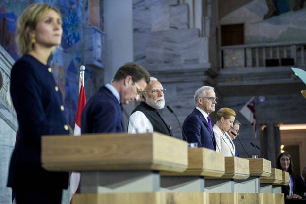 Nordic-Indian Summit Oslo 20260519. The Nordic Prime Ministers and Indian Prime Minister Narendra Modi (C) attend a press conference after the meeting between India and the Nordic countries at the City Hall in Oslo, Norway on Tuesday. Photo: Stian Lysberg Solum NTB POOL Oslo Norway K6ka2c_gkys EDITORIAL USE ONLY Ref:_POLK6ka2c_gkys.jpg Copyright: xStianxLysbergxSolumx xNTBx