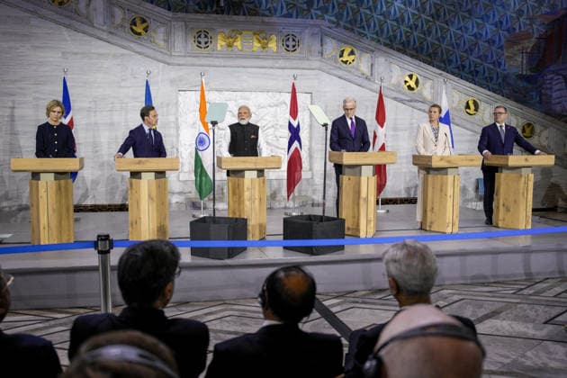 Nordisk-indisk toppmote Oslo 20260519. De nordiske statsministrene og Indias statsminister Narendra Modi pa pressekonferansen etter motet mellom India og de nordiske landene i Radhuset i Oslo. Foto: Stian Lysberg Solum NTB POOL Oslo Norge VgztQK2BjIQ EDITORIAL USE ONLY Ref:_POLVgztQK2BjIQ.jpg Copyright: xStianxLysbergxSolumx xNTBx