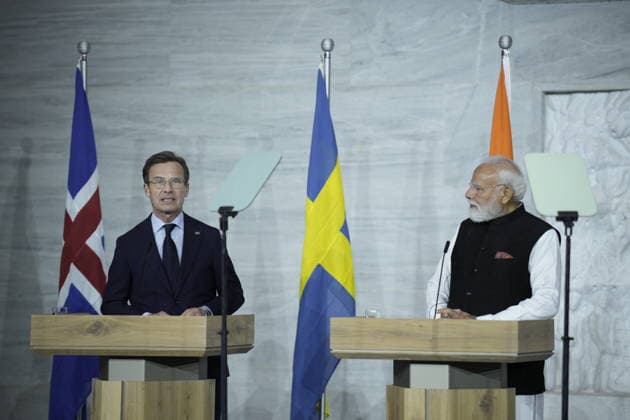 Nordisk-indisk toppmote Oslo 20260519. Den svenske statsministeren Ulf Kristersson og Indias president Narendra Modi pa pressekonferansen etter motet mellom India og de nordiske landene i Radhuset i Oslo. Foto: Stian Lysberg Solum NTB POOL Oslo Norge KL5GorTg1_M EDITORIAL USE ONLY Ref:_POLKL5GorTg1_M.jpg Copyright: xStianxLysbergxSolumx xNTBx