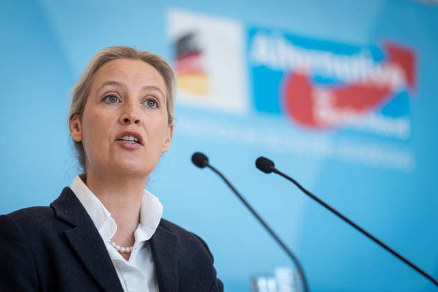 Partei- und Fraktionsvorsitzende Alice Weidel während des Pressestatements auf der Fraktionsebene des Deutschen Bundestags;Pressestatement der AfD-Partei- und Fraktionsvorsitzenden im Deutschen Bundestag zu Beginn der Sitzungswoche, Berlin Berlin Deutschland Bundestag