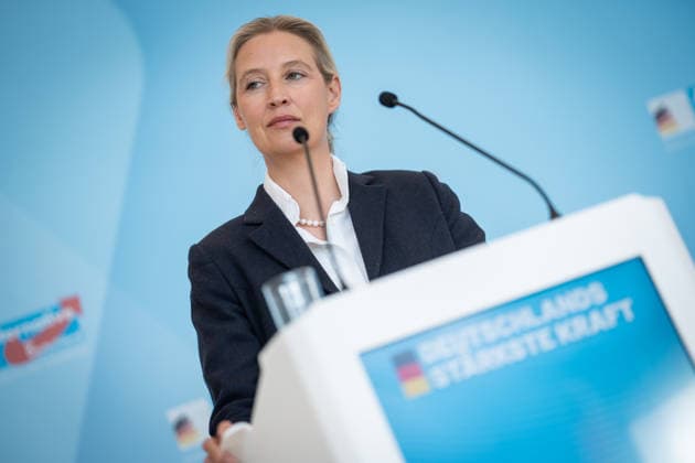 Partei- und Fraktionsvorsitzende Alice Weidel während des Pressestatements auf der Fraktionsebene des Deutschen Bundestags;Pressestatement der AfD-Partei- und Fraktionsvorsitzenden im Deutschen Bundestag zu Beginn der Sitzungswoche, Berlin Berlin Deutschland Bundestag