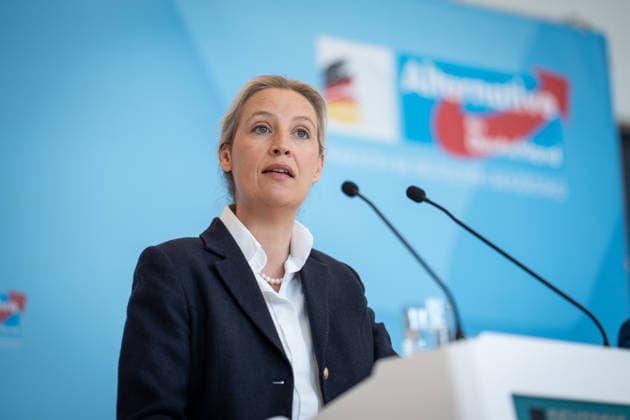 Partei- und Fraktionsvorsitzende Alice Weidel während des Pressestatements auf der Fraktionsebene des Deutschen Bundestags;Pressestatement der AfD-Partei- und Fraktionsvorsitzenden im Deutschen Bundestag zu Beginn der Sitzungswoche, Berlin Berlin Deutschland Bundestag