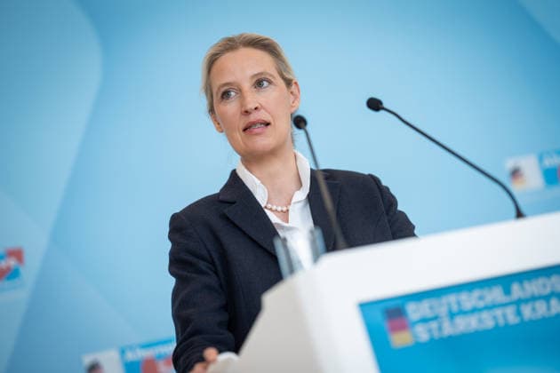 Partei- und Fraktionsvorsitzende Alice Weidel während des Pressestatements auf der Fraktionsebene des Deutschen Bundestags;Pressestatement der AfD-Partei- und Fraktionsvorsitzenden im Deutschen Bundestag zu Beginn der Sitzungswoche, Berlin Berlin Deutschland Bundestag