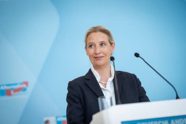 Partei- und Fraktionsvorsitzende Alice Weidel während des Pressestatements auf der Fraktionsebene des Deutschen Bundestags;Pressestatement der AfD-Partei- und Fraktionsvorsitzenden im Deutschen Bundestag zu Beginn der Sitzungswoche, Berlin Berlin Deutschland Bundestag