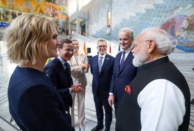 RECORD DATE NOT STATED PM Modi participates in the 3rd India-Nordic Summit Oslo Norway , May 19 (ANI): Prime Minister Narendra Modi interacts with Finnish Prime Minister Petteri Orpo, Denmark Prime Minister Mette Frederiksen, Iceland Prime Minister Kristrun Frostadottir, Norway Prime Minister Jonas Gahr Store, Swedish Prime Minister Ulf Kristersson, during the 3rd India-Nordic Summit, in Oslo on Tuesday. (@narendramodi X ANI Photo) Oslo Norway Copyright: xANIx ANI_20260519307