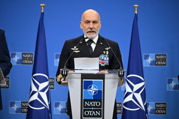 NATO Military Committee in Chiefs of Defence Session in Brussels BRUSSELS, BELGIUM - MAY 19: Chairman of the Military Committee (CMC) Admiral Giuseppe Cavo Dragone speaks during a joint press conference at the NATO Headquarters in Brussels, Belgium on May 19, 2026. The media briefing follows the NATO Military Committee in Chiefs of Defence Session, which also featured Commander of Supreme Allied Command Europe (SACEUR) General Alexus G. Grynkewich and Supreme Allied Commander Transformation (SACT) Admiral Pierre Vandier addressing regional security issues. Dursun Aydemir Anadolu Brussels Belgium. Editorial use only. Please get in touch for any other usage.  Copyright: x2026xAnadoluxDursunxAydemirx