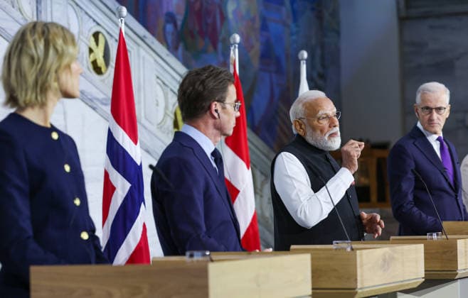 RECORD DATE NOT STATED PM Modi participates in the 3rd India-Nordic Summit Oslo Norway , May 19 (ANI): Prime Minister Narendra Modi speaks at the 3rd India-Nordic Summit, in Oslo on Tuesday. Finnish Prime Minister Petteri Orpo, Denmark Prime Minister Mette Frederiksen, Iceland Prime Minister Kristrun Frostadottir, Norway Prime Minister Jonas Gahr Store, Swedish Prime Minister Ulf Kristersson also present. (DPR PMO ANI Photo) Oslo Norway Copyright: xANIx ANI_20260519408