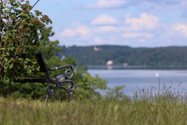 Ein Frühsommertag bei Tutzing (Landkreis Starnberg). Hier der Blick vom Johannishügel im Kustermannpark auf eine Parkbank und den Starnberger See ,wandern, spazieren, Radfahren, Ausblick, Naherholung, Münchner Umland, Wetterbild, Ausflugswetter
