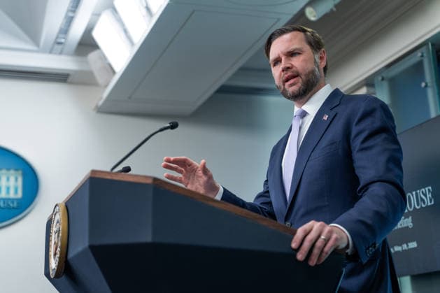 Vice President JD Vance gives remarks during a press conference in the James Brady Press Briefing Room of the White House in Washington, DC on Tuesday, May 19, 2026. Vance defended the creation of a $1.8 billion Department of Justice fund that would compensate certain individuals who were investigated and prosecuted by the Biden Administration.  WAP20250519016 AARONxSCHWARTZ