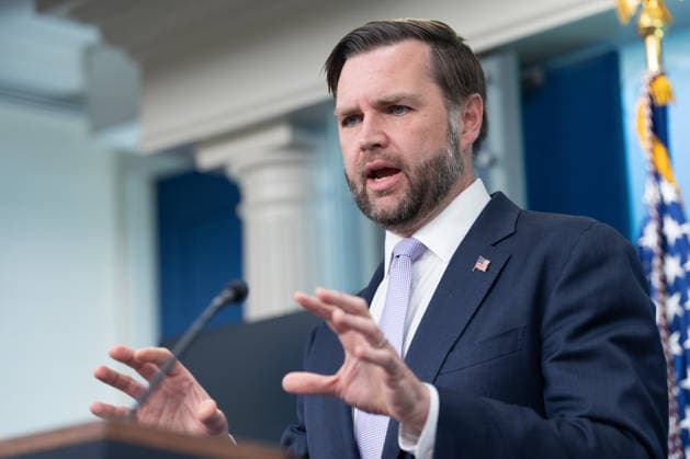 Vice President JD Vance gives remarks during a press conference in the James Brady Press Briefing Room of the White House in Washington, DC on Tuesday, May 19, 2026. Vance defended the creation of a $1.8 billion Department of Justice fund that would compensate certain individuals who were investigated and prosecuted by the Biden Administration.  WAP20250519037 AARONxSCHWARTZ