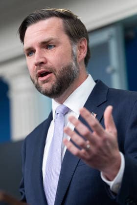 Vice President JD Vance gives remarks during a press conference in the James Brady Press Briefing Room of the White House in Washington, DC on Tuesday, May 19, 2026. Vance defended the creation of a $1.8 billion Department of Justice fund that would compensate certain individuals who were investigated and prosecuted by the Biden Administration.  WAP20250519005b AARONxSCHWARTZ