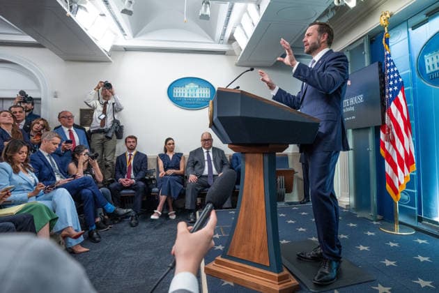Vice President JD Vance gives remarks during a press conference in the James Brady Press Briefing Room of the White House in Washington, DC on Tuesday, May 19, 2026. Vance defended the creation of a $1.8 billion Department of Justice fund that would compensate certain individuals who were investigated and prosecuted by the Biden Administration.  WAP20250519017 AARONxSCHWARTZ