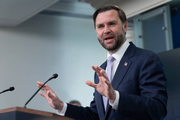 Vice President JD Vance gives remarks during a press conference in the James Brady Press Briefing Room of the White House in Washington, DC on Tuesday, May 19, 2026. Vance defended the creation of a $1.8 billion Department of Justice fund that would compensate certain individuals who were investigated and prosecuted by the Biden Administration.  WAP20260519603 AARONxSCHWARTZ