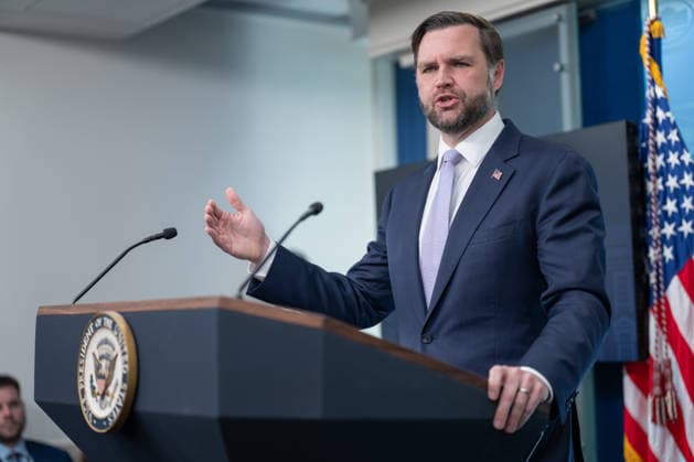 Vice President JD Vance gives remarks during a press conference in the James Brady Press Briefing Room of the White House in Washington, DC on Tuesday, May 19, 2026. Vance defended the creation of a $1.8 billion Department of Justice fund that would compensate certain individuals who were investigated and prosecuted by the Biden Administration.  WAP20260519612 AARONxSCHWARTZ