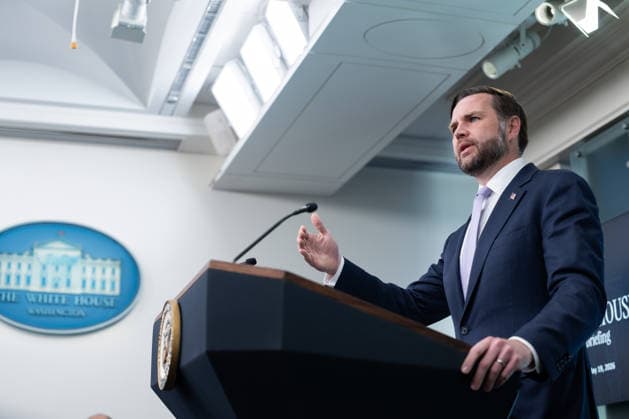 Vice President JD Vance gives remarks during a press conference in the James Brady Press Briefing Room of the White House in Washington, DC on Tuesday, May 19, 2026. Vance defended the creation of a $1.8 billion Department of Justice fund that would compensate certain individuals who were investigated and prosecuted by the Biden Administration.  WAP20260519613 AARONxSCHWARTZ