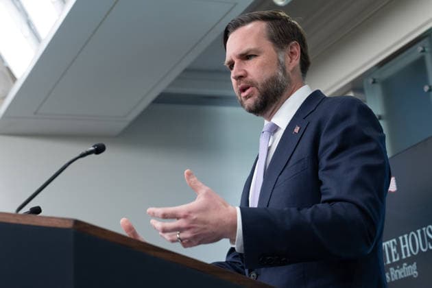Vice President JD Vance gives remarks during a press conference in the James Brady Press Briefing Room of the White House in Washington, DC on Tuesday, May 19, 2026. Vance defended the creation of a $1.8 billion Department of Justice fund that would compensate certain individuals who were investigated and prosecuted by the Biden Administration.  WAP20260519614 AARONxSCHWARTZ