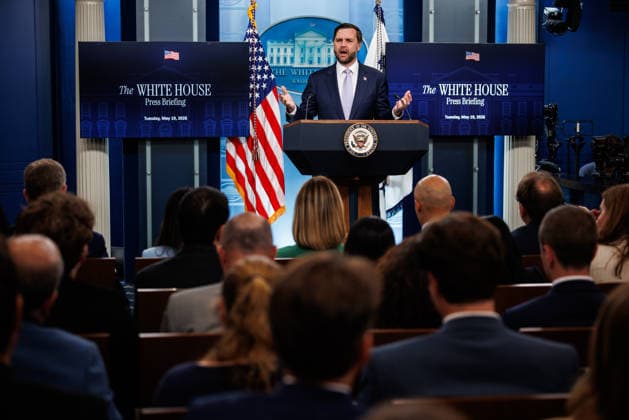 DC: White House Press Briefing with Vice President JD Vance United States Vice President JD Vance holds a press briefing in the James S Brady Press Briefing Room of the White House in Washington, DC, USA, on May 19, 2026. Credit: CNP AdMedia Washington District of Columbia United States of America EDITORIAL USE ONLY  Copyright: xx CNPx xAdMediax admphotostwo990861