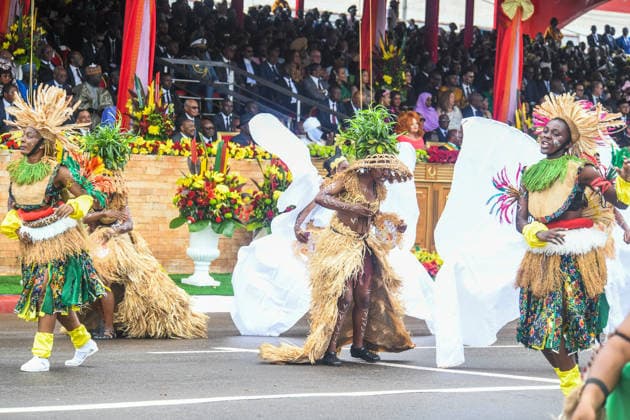 (260520) -- YAOUNDE, May 20, 2026 -- Traditional cultural groups parade during the National Day celebrations in Yaounde, Cameroon, on May 20, 2026. Cameroon on Wednesday marked the 54th anniversary of its National Day with military and civilian parades held across the country. ) CAMEROON-54TH NATIONAL DAY-CELEBRATIONS Kepseu 