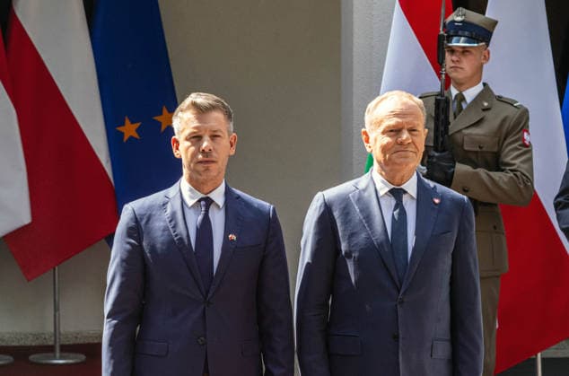 May 20, 2026, Warsaw, Poland: New Hungarian Prime Minister, Peter Magyar and Polish Prime Minister, Donald Tusk seen during their meeting at the Polish Prime Minister s residence. On the morning of Wednesday, the 20th of May, on his first foreign visit, the new Prime Minister of Hungary, Peter Magyar, meets with Polish Prime Minister Donald Tusk. The visit symbolically marks the opening of a new phase in Budapest s relations with Europe. During the meeting the Prime Ministers discuss Magyar s victory in the recent Hungarian elections, the Polish-Hungarian relationship, and the issue of Zbigniew Ziobra and Marcin Romanowski - two Polish politicians evading prosecution in Poland by hiding in Hungary. After the meeting, Peter Magyar meets with - ZUMAs197 20260520_aaa_s197_275 Copyright: xNeilxMiltonx