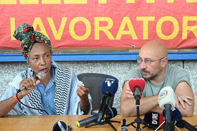 May 22, 2026, Campi Bisenzio, Italia, Italy: Antonella Bundu and Dario Salvetti, former crew members of the Global Sumud Flotilla, at the press conference denouncing the crews, at the former GKN facility. Campi Bisenzio, May 22, 2026